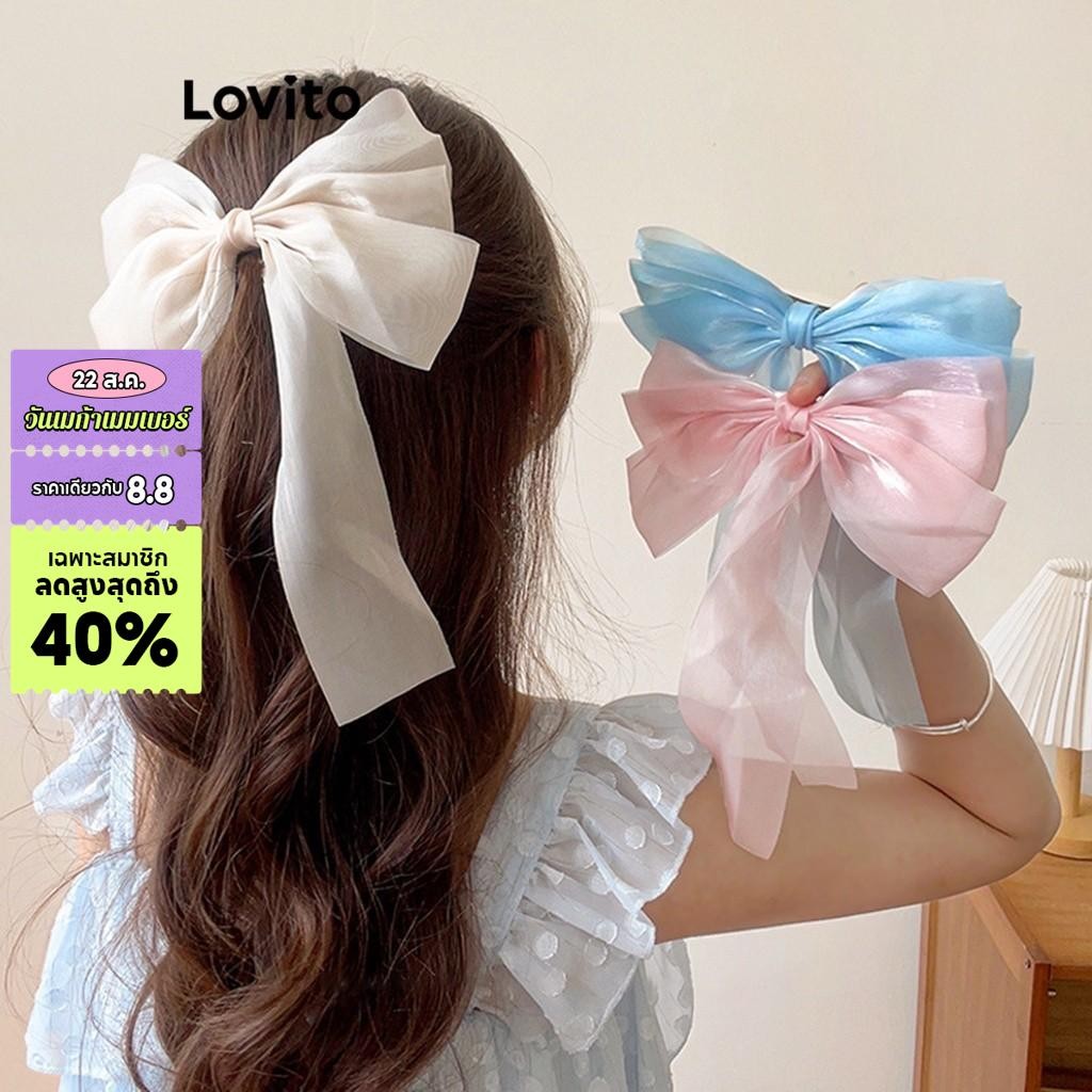 Lovito คลิปหนีบผมผู้หญิง แต่งโบว์ริบบิ้นผ้าโปร่ง สีพื้น สไตล์เพร็พพี LFA06177 (สีขาว / สีชมพู / สีฟ้า)