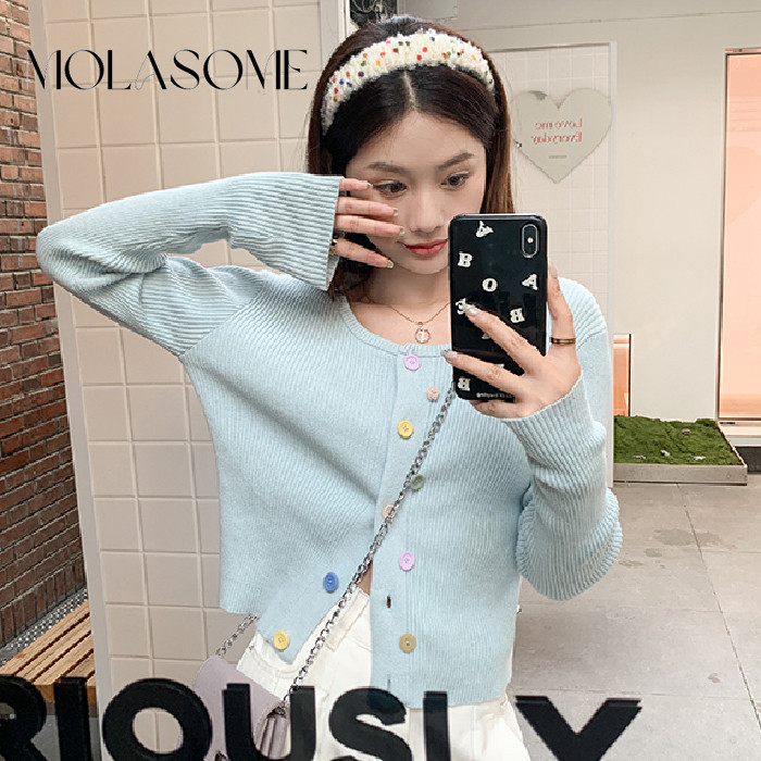 โมลาโซเมะ ผู้หญิง2024แฟชั่นใหม่สีทึบถักคอกลมแขนยาวทุกการแข่งขันเสื้อคาร์ดิแกนลําลอง