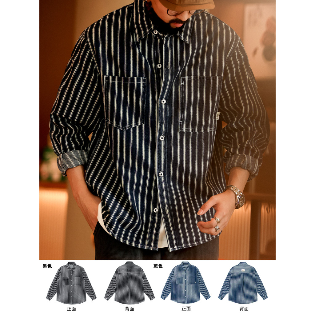 อเมริกันย้อนยุคแนวตั้งลายเสื้อเชิ้ตผู้ชายกว้างเล็กน้อยแขนยาวกระเป๋ากลางแจ้งลําลองแจ็คเก็ตยีนส์แจ็คเก็ตฤดูใบไม้ผลิ - รูปที่ 7