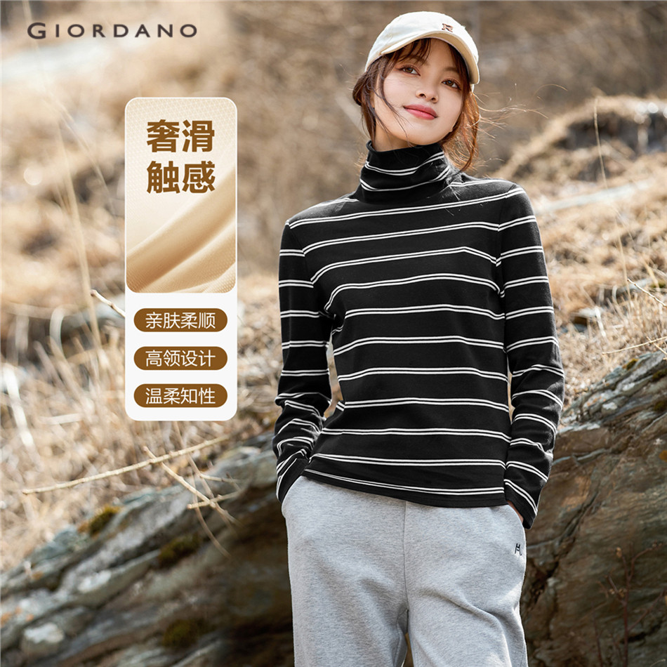 GIORDANO WOMEN 100% Cotton turtleneck long sleeve stripe tee 05324861