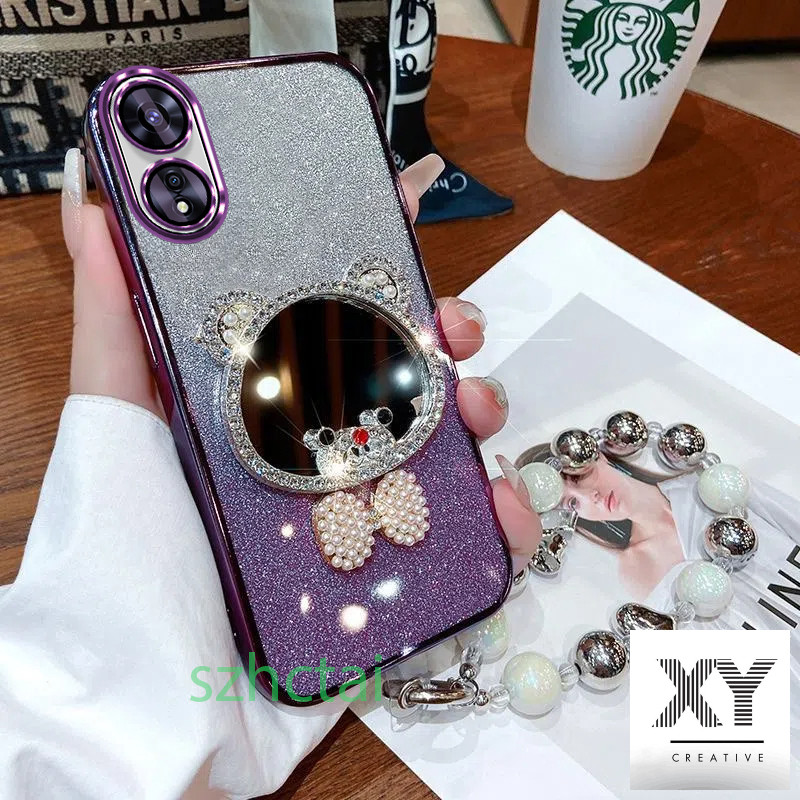เคส OPPO A60 A38 A18 A58 A78 5G A98 5G A17 A17K A16K A16 A15S A15 หรูหรามงกุฎหมีหูกระจกแต่งหน้าพร้อมสร้อยข้อมือเชือกแขวน เคสโทรศัพท์ OPPO A60 A38 A18 A58 A78 5G A98 5G A17 A17K A16K A16 A15S A15