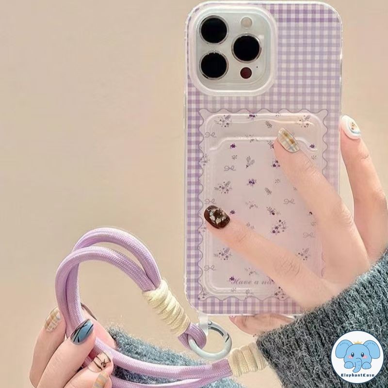 โรแมนติกสีม่วงสดผู้ถือบัตรสายคล้องเคสเข้ากันได้กับ เคสไอโฟน 11 12 13 15 14 Pro Max XS XR X Max 7 15 8 14 Plus SE เคส