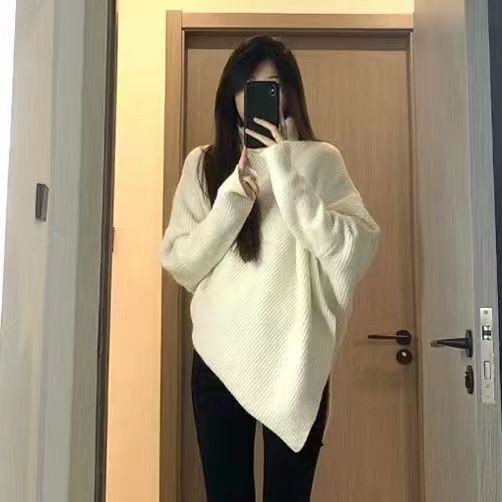 เสื้อสเวตเตอร์คอเต่าไม่สม่ำเสมอสำหรับผู้หญิงฤดูใบไม้ร่วงและฤดูหนาวสไตล์ใหม่สไตล์เกาหลีที่อ่อนโยนสไตล์ขี้เกียจหนาถักสีทึบเรามีมิงค์ vdd6