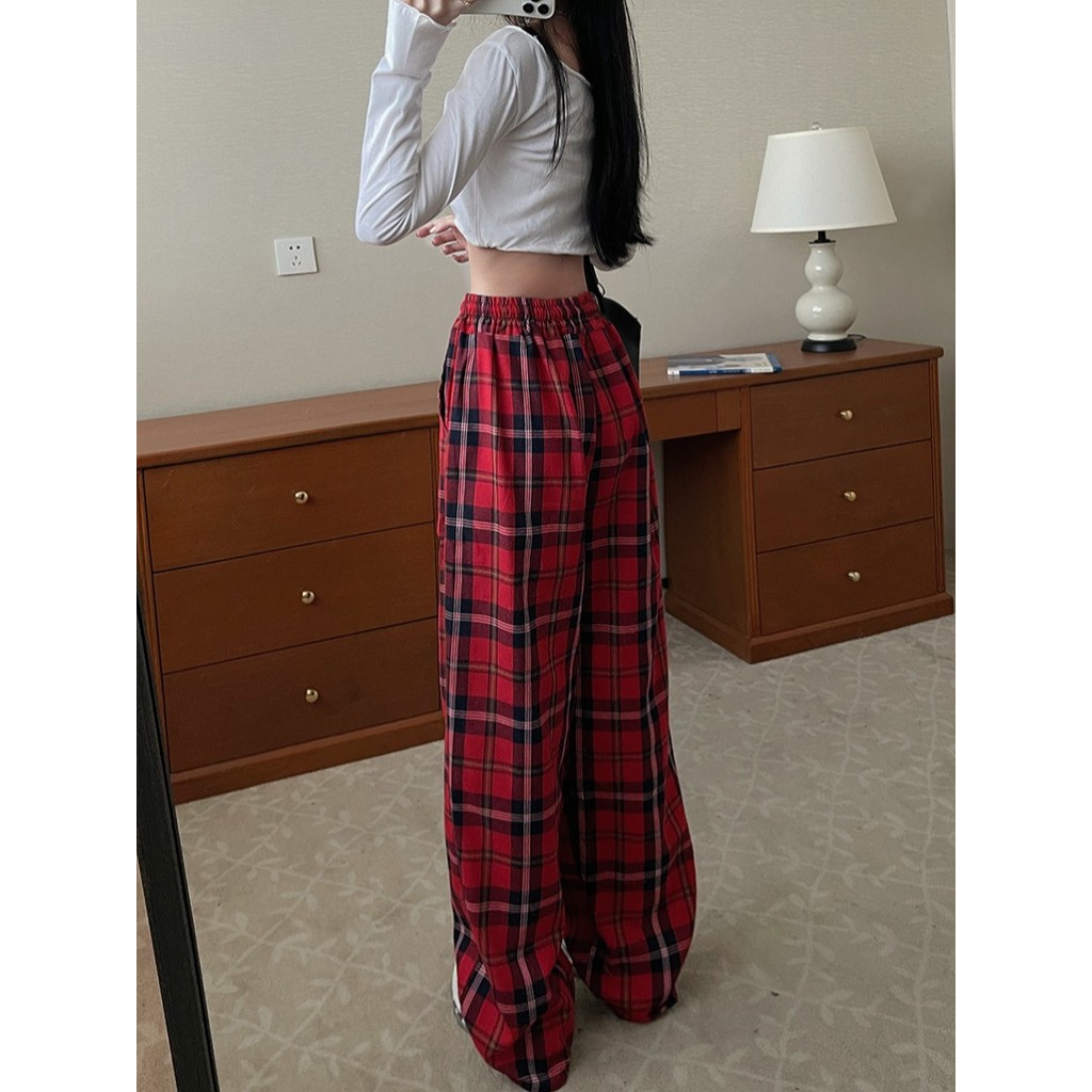 กางเกงผ้าทอลายสก๊อตสีแดงกางเกงขาตรงผู้หญิงกางเกงขากว้างกางเกงลำลองผู้หญิงม้าฤดูใบไม้ร่วงฉันลมปิด7vrf