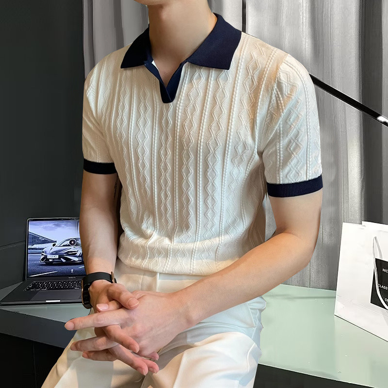 ฤดูร้อนเสื้อโปโลผู้ชายอังกฤษall-match Slim-Fitเสื้อถักแขนสั้นเสื้อเกาหลีรุ่นRetro ContrastสีT