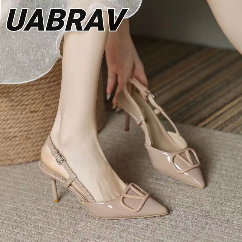 UABRAV.รองเท้าส้นสูงผู้หญิงแฟชั่นใหม่เวอร์ชั่นเกาหลีอเนกประสงค์สีทึบเซ็กซี่เล็กๆน้อยๆกลิ่นหอมรองเท้าแตะกริช