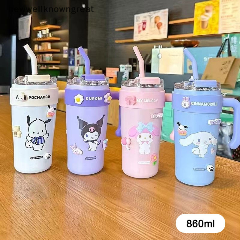 ใหม่wellknowngreat 860ml แก้วน้ําน่ารักพร้อมที่จับและฝาปิดฟางถ้วยฉนวนขวดน้ําสแตนเลสแบบใช้ซ้ําได้แก้ว CAD