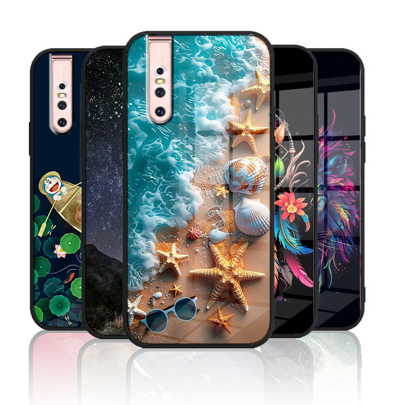 เคสกระจก Vivo V15 pro 1818 เคสกระจกนิรภัยฮาร์ดฝาหลังขอบซิลิคอนอ่อน