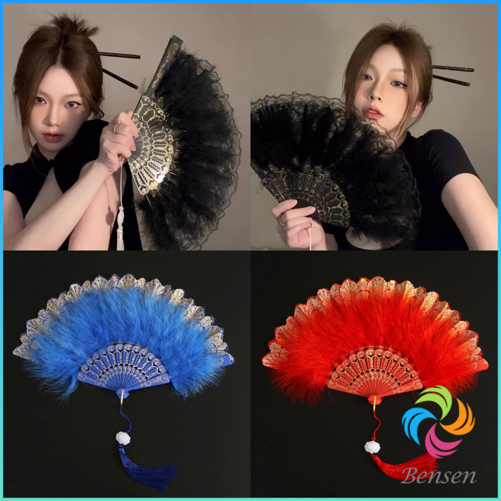 Bensen พัดจีนขนนกแต่งการเพนท์ลายไทยสีทอง พัดเต้นรํา สไตล์โลลิต้า พัดจีนขนนก มี 4 สี Feather Fan - รูปที่ 3