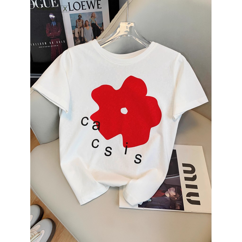 (พร้อมส่งจากกทม มาถึงใน 2วัน）เสื้อครอปcotton t shirt ดอกไม้ที่สวยงาม แขนสั้น สีขาว เสื้อเชิ้ตผู้หญิง