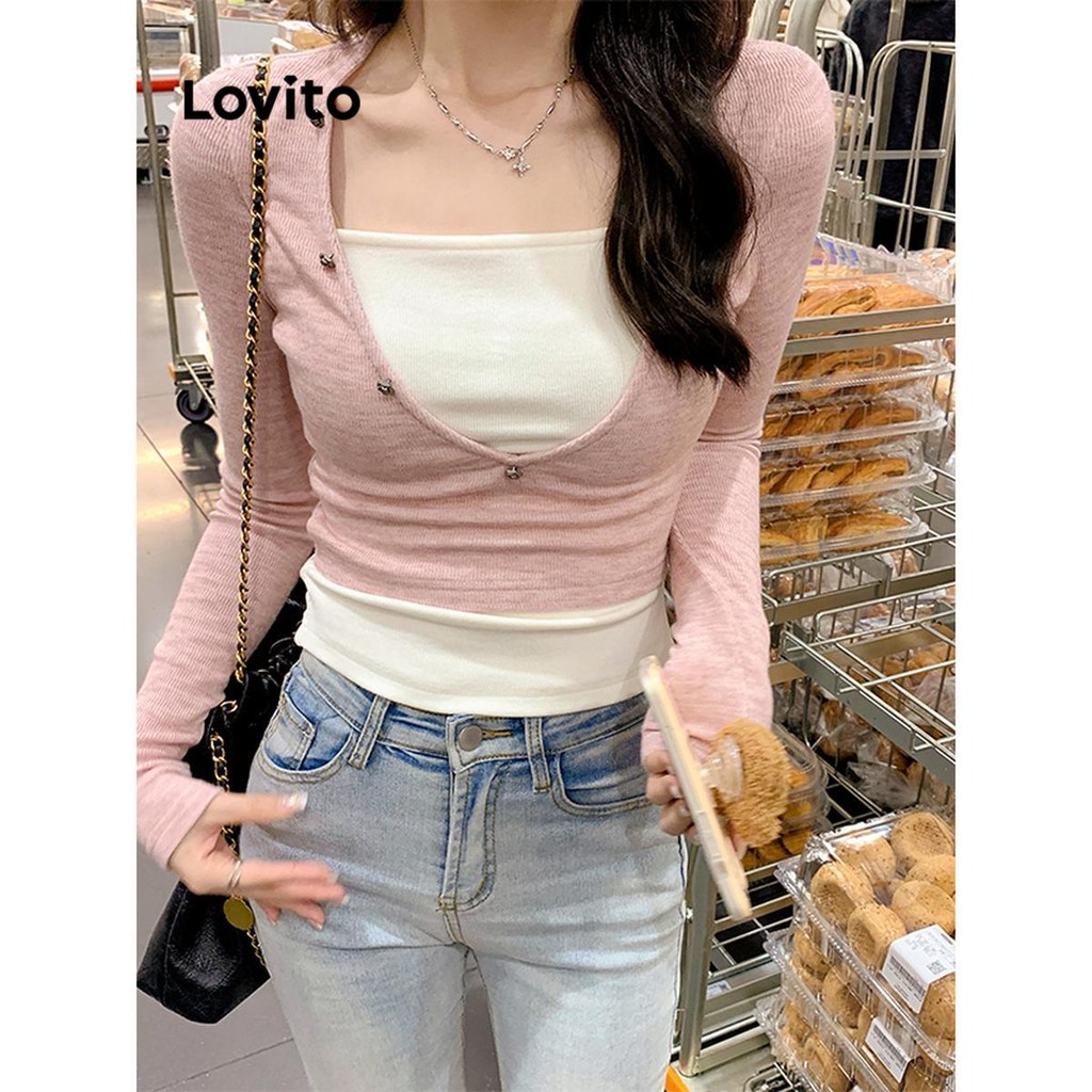 Lovito เสื้อยืด บล็อกสี สำหรับผู้หญิง LNE77645