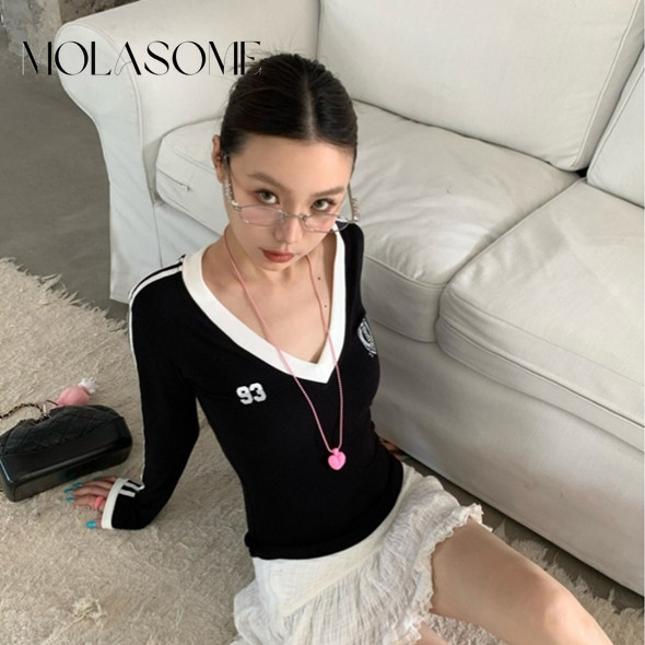 Molasome ผู้หญิง 2024 Contrast Color V คอยาวแขนยาว Slim Fit All Match เสื้อยืด