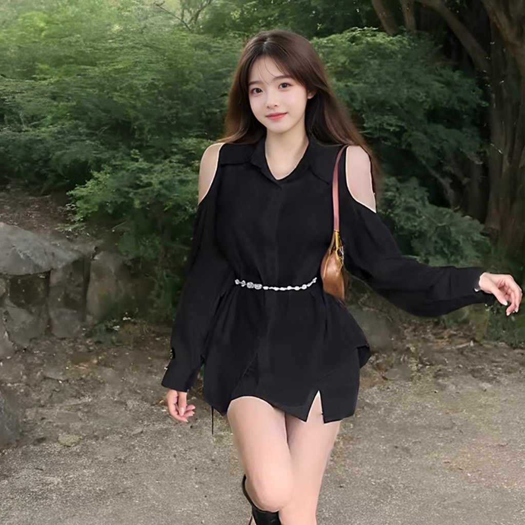 เสื้อเชิ้ตผู้หญิงแขนยาวคอปกใหม่ ดีไซน์เปิดไหล่

