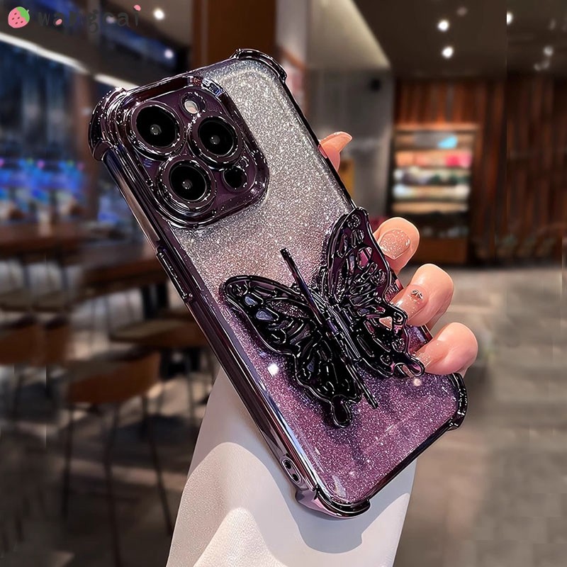 For itel A70 itelA70 เคสโทรศัพท์ 3D สเตอริโอผีเสื้อพับขาตั้งชุบไล่ระดับสีเงา Shining Glitter Bling หรูหราถุงลมนิรภัยกันกระแทกปลอกอ่อนกรณีฝาหลัง