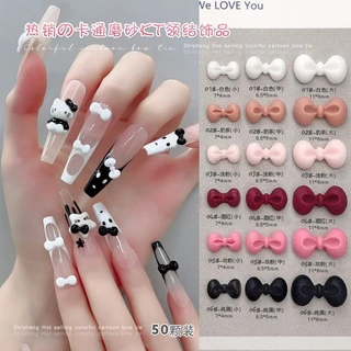 50 ชิ้น อุปกรณ์ตกแต่งเล็บโบว์ KT ลายการ์ตูนผสม สีดำ ขาว แดงไวน์ และชมพู เพชรเรซินผสม