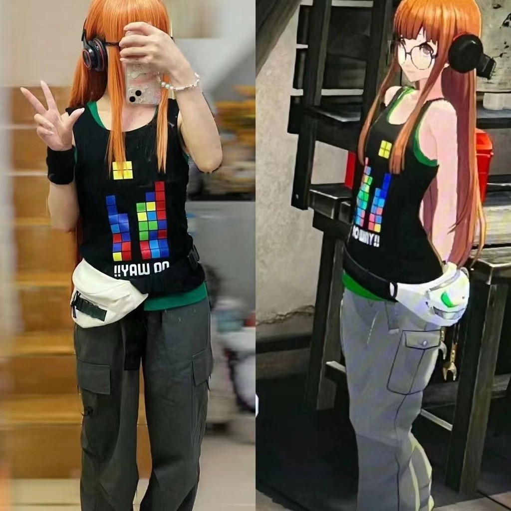 ผ้าฝ้าย 100% p5 Persona เสื้อกั๊ก Genius Hacker สาว Sakura Futaba เครื่องแต่งกายฤดูร้อน cos เสื้อผ้า