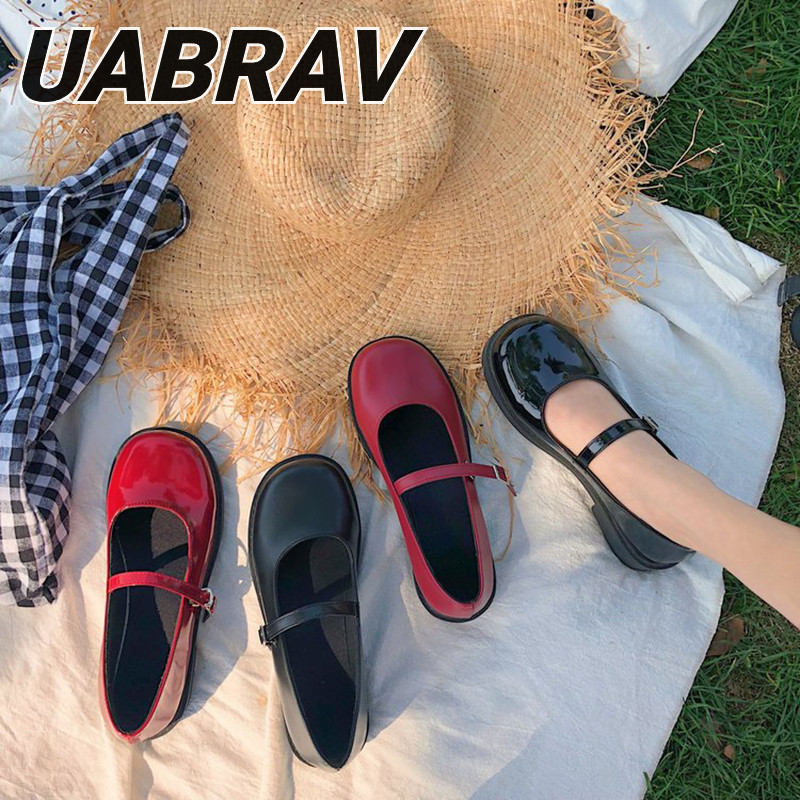 UABRAV. รองเท้าหนังผู้หญิง ใหม่แฟชั่นเวอร์ชั่นเกาหลีของปั๊มหัวเหลี่ยมแบนรองเท้าแมรี่เจน