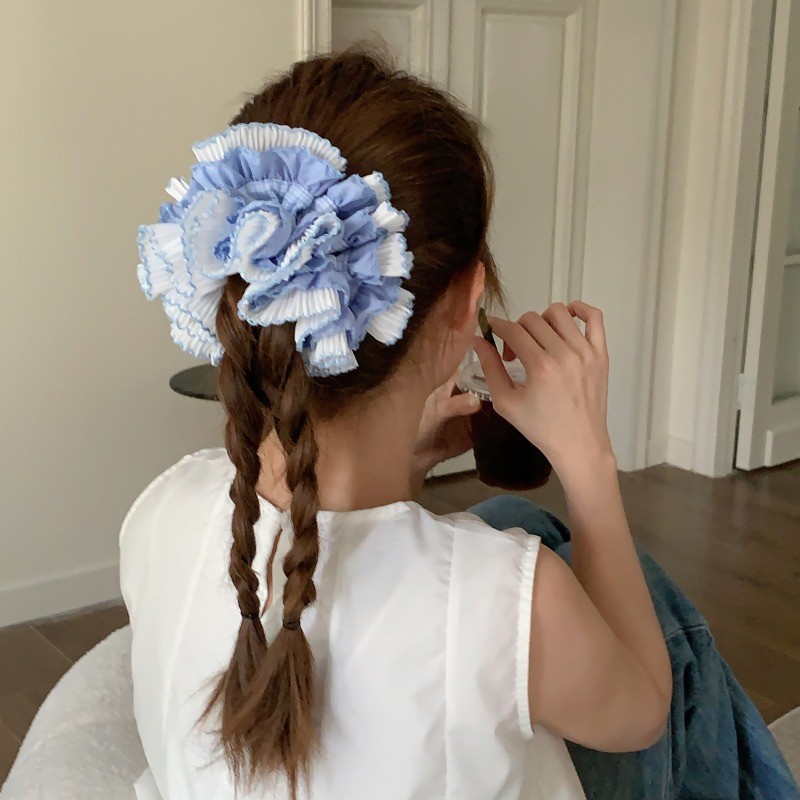 ฝรั่งเศสโรแมนติกที่มีสีสันขนาดใหญ่ลําไส้แหวนอุปกรณ์ผมโลลิต้าลมผูกผมสองชั้นขนาดใหญ่ลูกไม้ลูกไม้ผมแหวน
