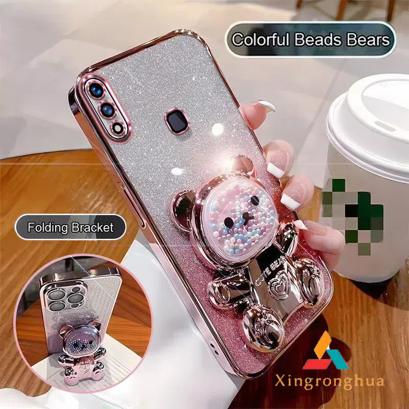 ปลอก vivo Y85 v9 y91 y95 v11i เคสโทรศัพท์ TPU 3D สีสันลูกปัดหมีขาตั้งสเตอริโอซิลิโคนยืดหยุ่นหรูหรา electroplated soft case