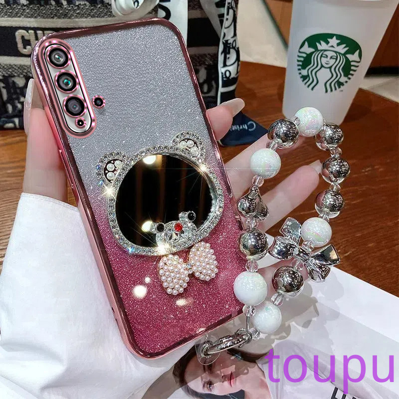 ปลอก Huawei Nova 5T Nova 3i Nova 7i Nova 7 Nova 7 se Nova 8i Nova 9 Nova 9 seกรณีหรูหราเพชรหมีเครื่องสําอางแต่งหน้ากระจกนุ่มพร้อมเชือกเส้นเล็กฝาครอบโทรศัพท์สําหรับสาว