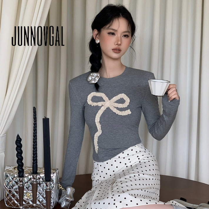 Junnovgal เสื้อยืดผู้หญิงถัก Bowknot เย็บปักถักร้อย 2024 แขนยาวสไตล์ใหม่