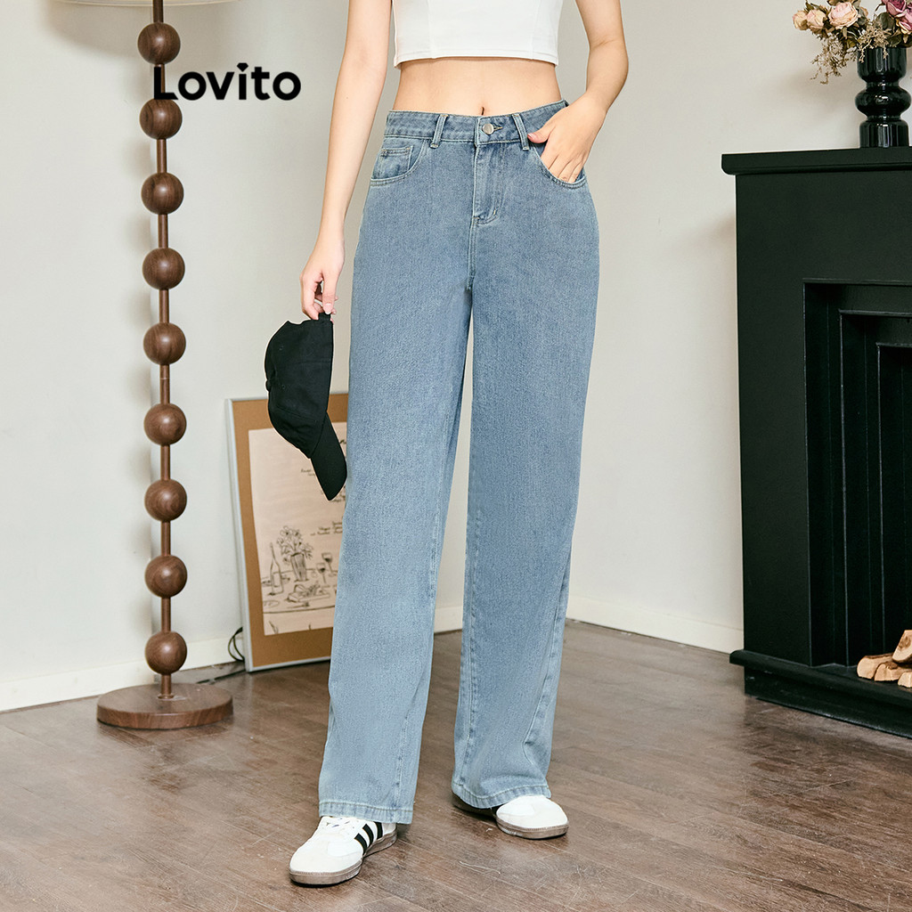 Lovito กระดุมธรรมดาสบาย ๆ ซิปกางเกงยีนส์พื้นฐานสำหรับผู้หญิง L100MD065