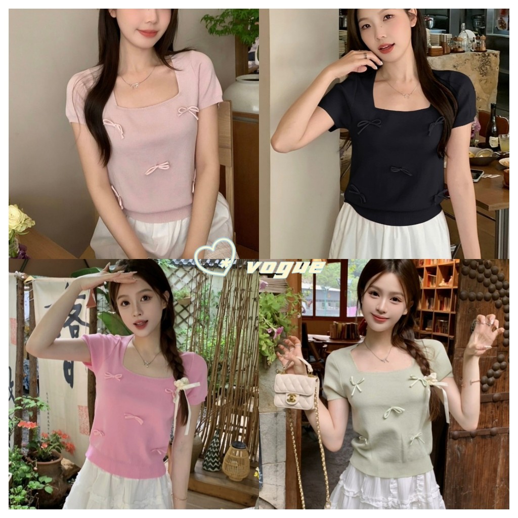Vogue พร้อมส่ง เสื้อไหมพรมแขนสั้น คอเหลี่ยม สีพาสเมล ติดโบว์คาวาอี้ ใสๆ (E338)