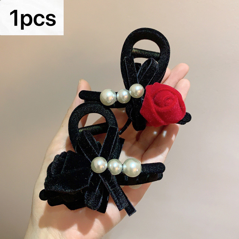 ใหม่ Flocking Fabric Rose Bow Pearl Medium Grab Clip กิ๊บติดผมแบบครึ่งผูก