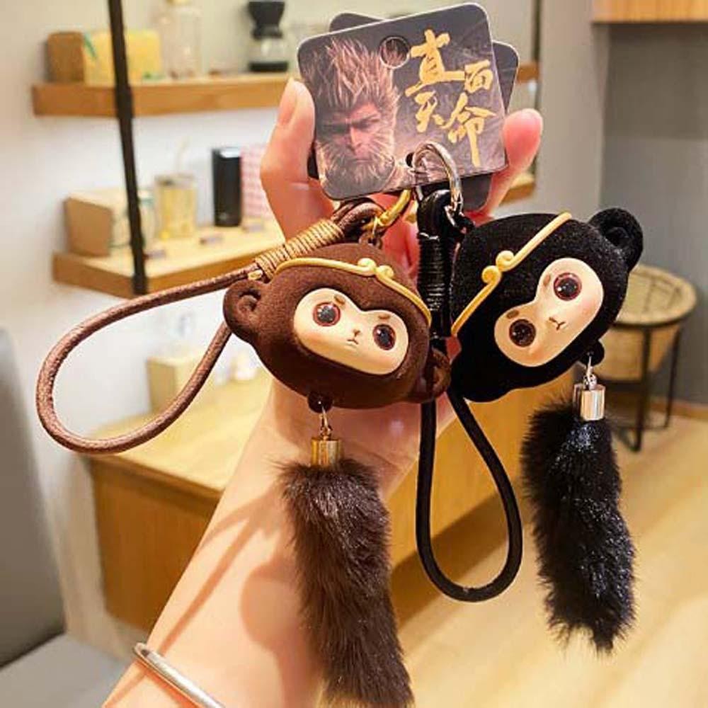 Mauriceoya ลิง Fluffy พวงกุญแจ, พวงกุญแจรถ Monkey King Black Myth Wukong พวงกุญแจ,หางยาวขนปุย 3A เกมตุ๊กตาของเล่นการ์ตูนตุ๊กตาจี้เด็กคู่