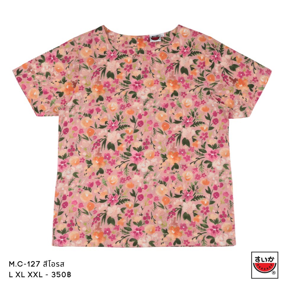 เสื้อแตงโม (SUIKA) - เสื้อผ้าป่านมัสลิน คอปาดกระดุมหลัง 3 เม็ด แขนสั้น ลายดอกไม้กราฟฟิค (M.C-127)