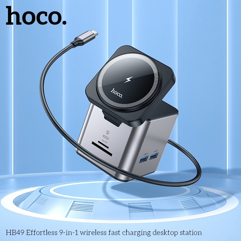 Hoco HB49 ฮับสเตชั่น 9in1 Type-C to wireless charger + HDTV + PD + USB3.0 * 3 + SD + TF + RJ45 HUB แ