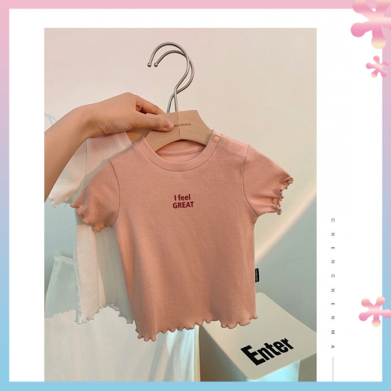 2024New Male and Female Baby Pure Color All-Matching Short Sleeve Wooden EarTT-shirt Summer Clothes for One-Year-Old Infants Western Style Top