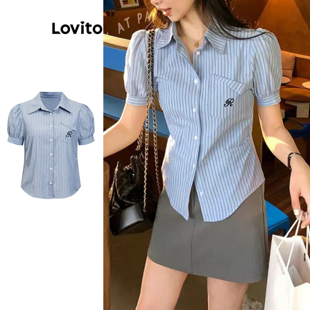 Lovito เสื้อเบลาส์ลําลอง ลายทาง ปักลาย มีกระเป๋า สําหรับผู้หญิง LBA82213 LBA82213