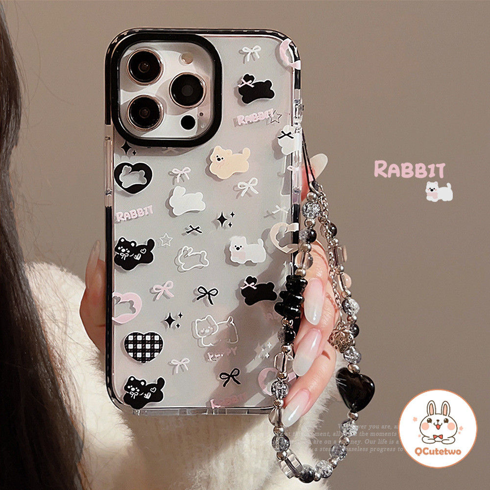 หรูหราโบว์กระต่ายลูกปัดสร้อยข้อมือเคสโทรศัพท์สําหรับiphone 11 15 14 13 12 Pro MAX 14 15 Plus XS MAX XR 7 8 PlusหนากรอบClear Anti-Scratchนุ่มโทรศัพท์ปกหลัง