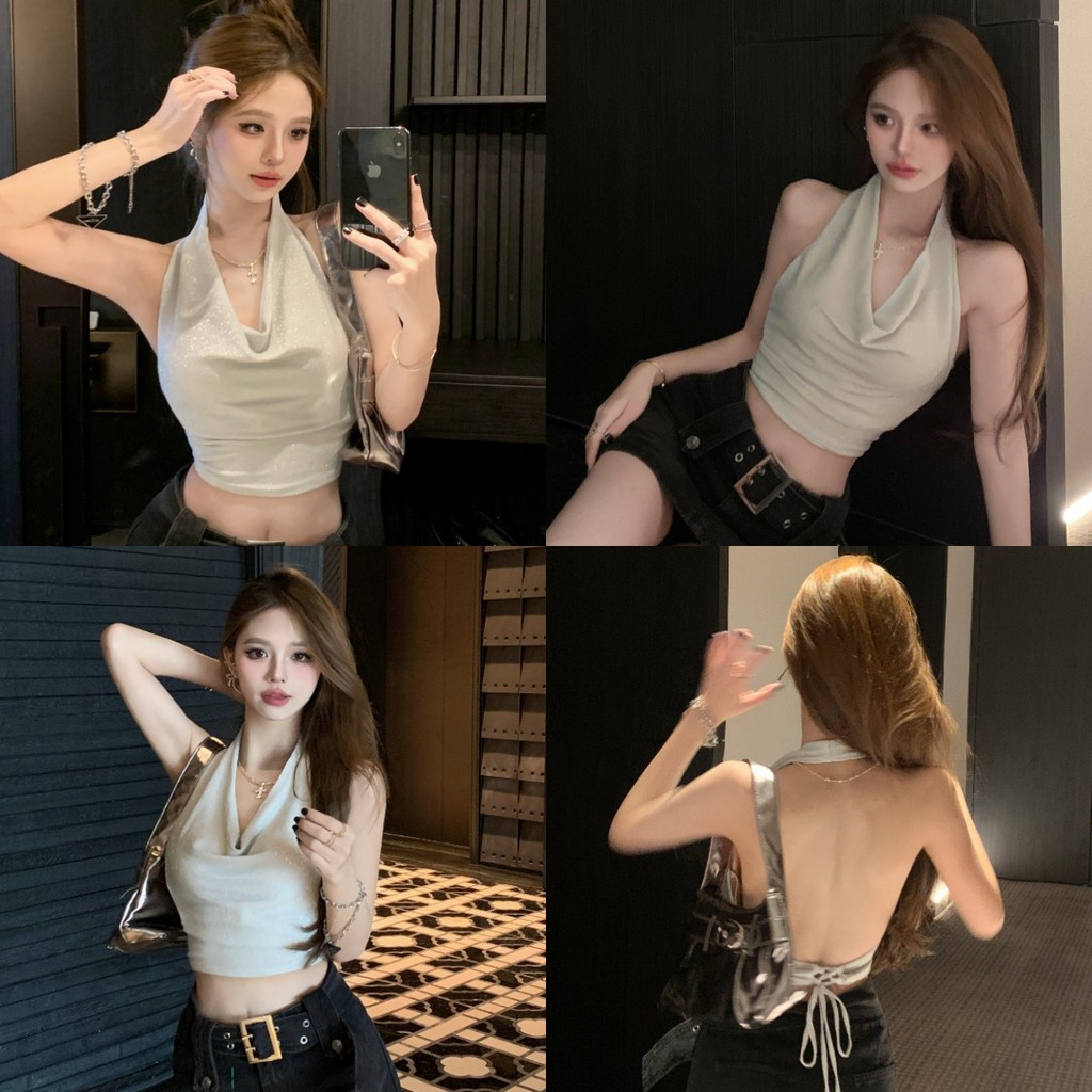 Soroh เสื้อกล้าม คล้องคอ เปิดหลัง ผ้านิ่ม แขนกุด เสื้อครอป สไตล์เกาหลี ทรงสวย แฟชั่น เซ็กซี่ #FY2562