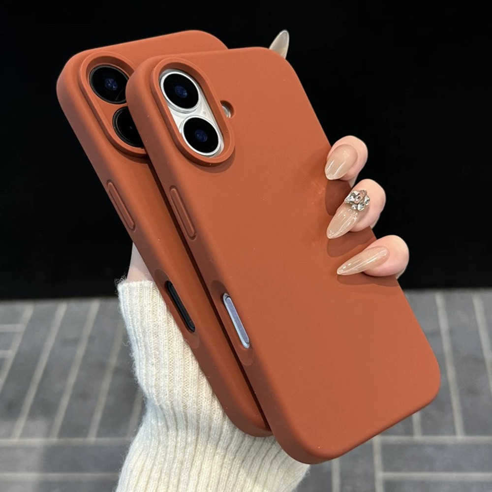 สีน้ําตาลคาราเมลปลอกซิลิโคนเหลวป้องกันเคสโทรศัพท์สําหรับiphone 16 ProMax 16Pro 15ProMax 16 15 14 13 12 11 Pro Maxกรณีลื่นกันกระแทกเต็มปกหลัง