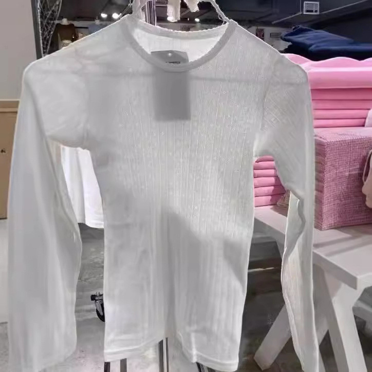 Bm สไตล์ลูกไม้สีขาว Collar Hole Eye รอบคอผู้หญิงสูงเอวผ้าฝ้ายแขนยาวเสื้อยืดยุโรปสไตล์อเมริกัน Slim-f