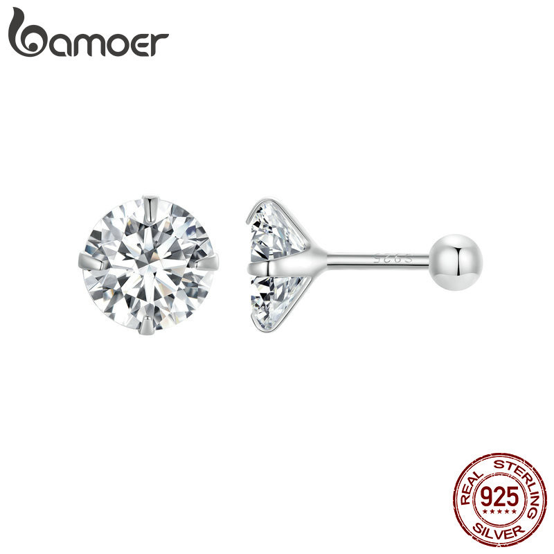 Bamoer 925 เงินสเตอร์ลิง Sliver Studs ต่างหูที่เรียบง่ายและหรูหราZircon Shiningของขวัญเครื่องประดับสําหรับผู้หญิง