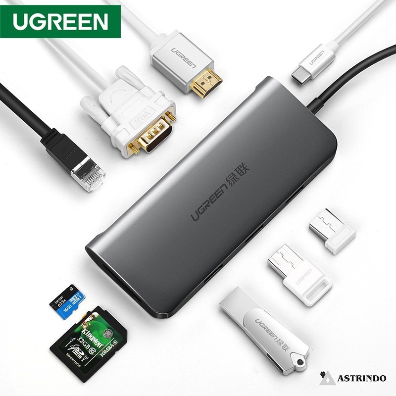 เครื่องอ่านการ์ด UGreen (9in1) USB-C To 3*USB 3.0 A+HDMI+VGA+RJ45 - CM179 (40873)