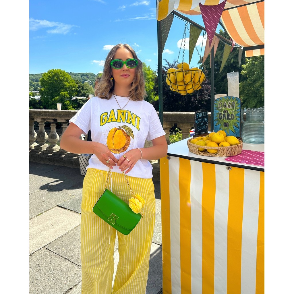 (จัดส่งตลอด 24 ชั่วโมง）Angel Official เสื้อยืดแขนสั้นผ้าฝ้ายพิมพ์ลายดอกพีชสีเหลืองวินเทจสไตล์อเมริกัน - รูปที่ 3