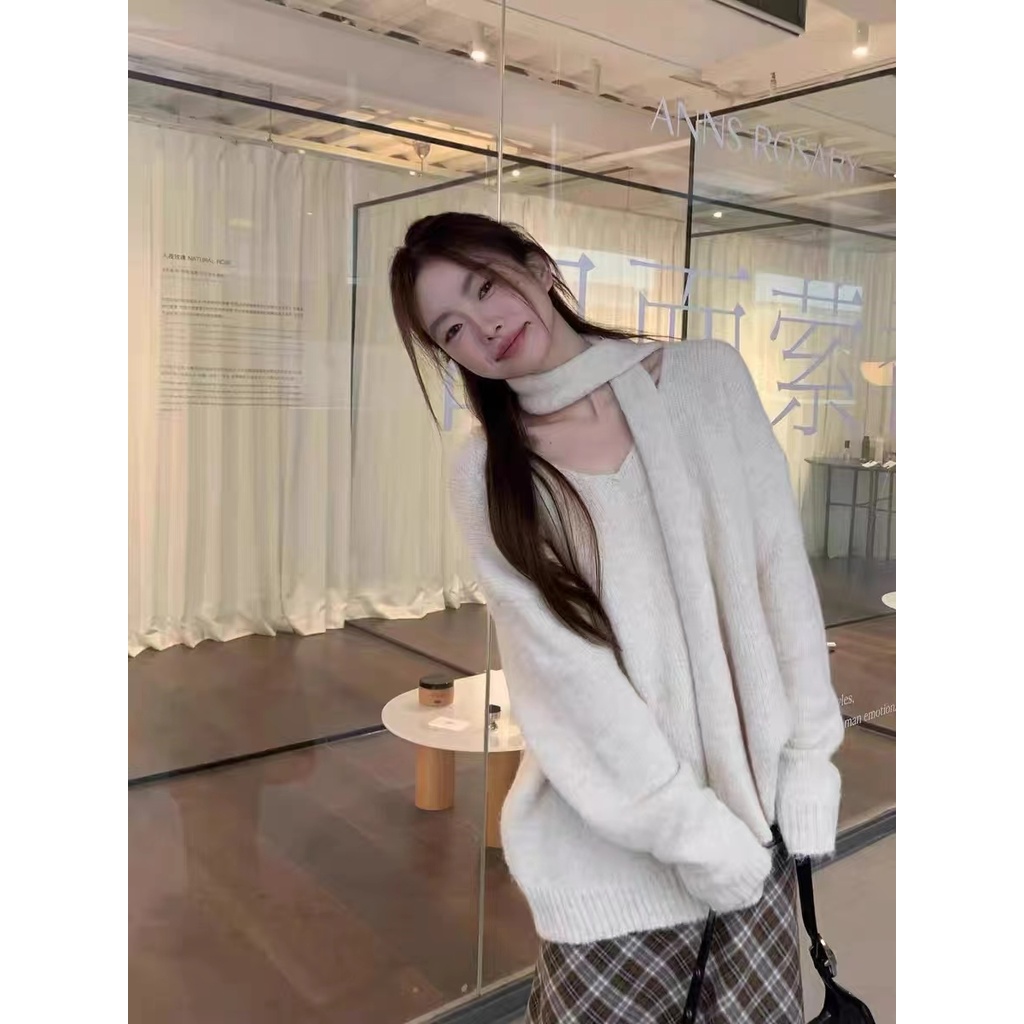 Suxi แฟชั่นย้อนยุคฝรั่งเศสฤดูใบไม้ร่วงใหม่สบายๆคอวีแขนยาวถักเสื้อกันหนาวเสื้อกันหนาวผู้หญิง 241011