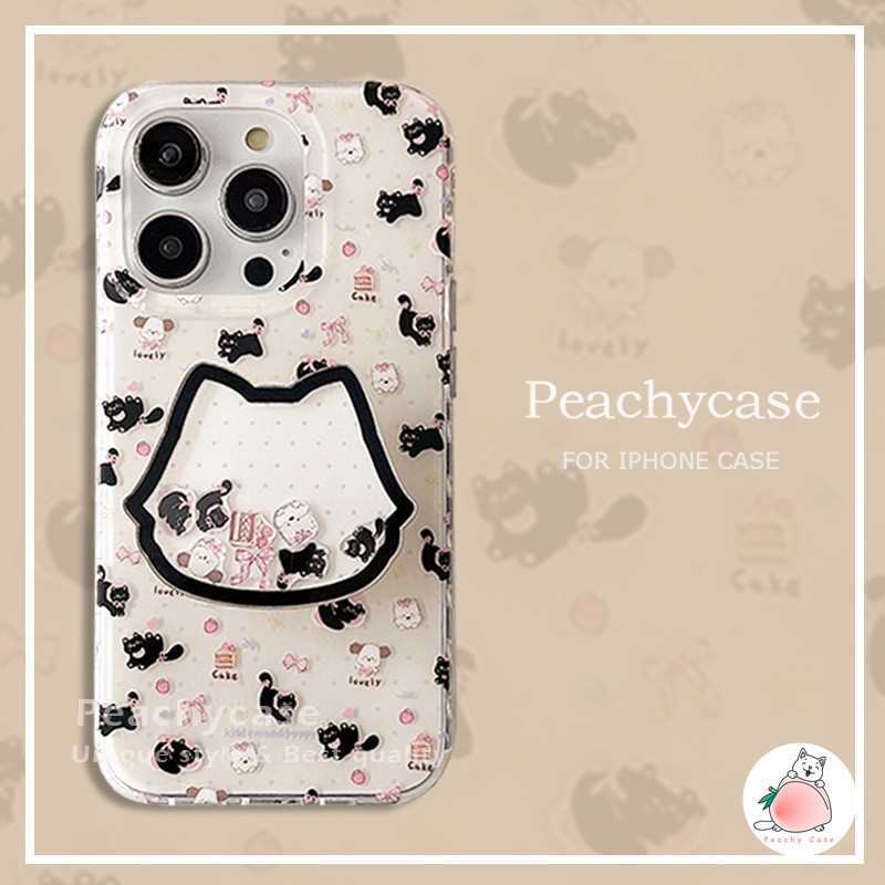 Kawaii Slippable Bowknot เค้กแมวดํา Kickstand ไร้สายชาร์จแม่เหล็กเคสโทรศัพท์สําหรับ iPhone 16 15 14 13 12 Pro Max Anti-scratch IMD ปกหลังปลอก