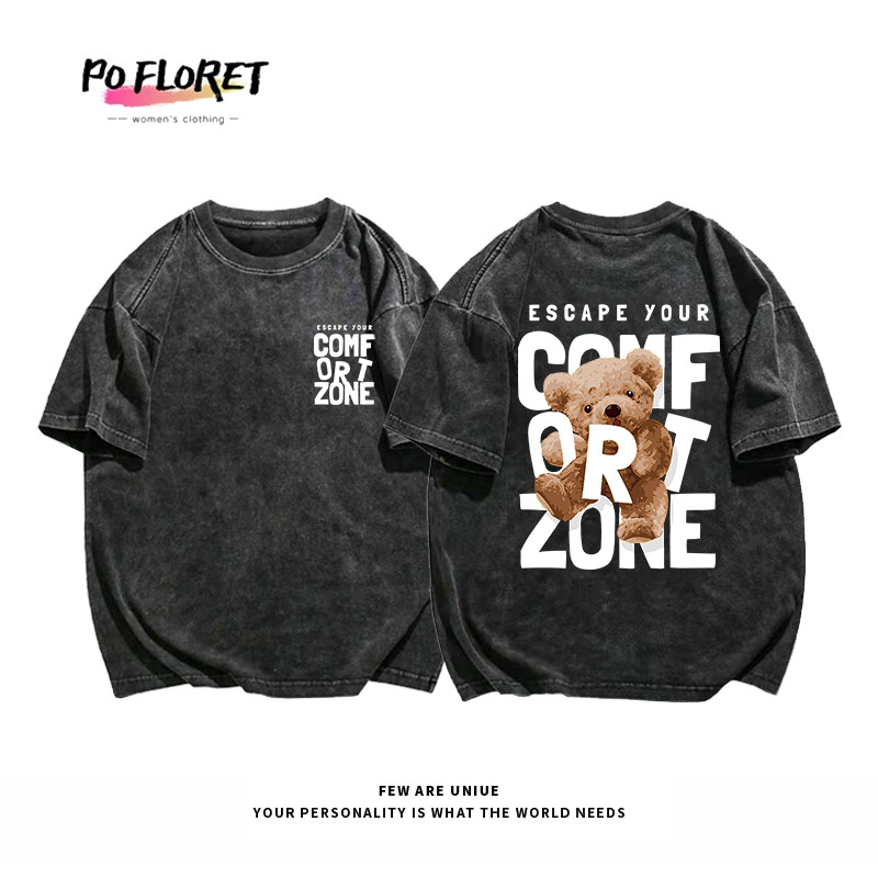 เสื้อฟอก oversize Pofloret ผ้าฝ้าย100% โอเวอร์ไซซ์ เสื้อยืดแขนสั้นพิมพ์เย็นแฟชั่นหลวม #P000158