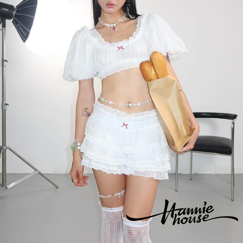 Hanie House- ผู้หญิงฤดูร้อนแขนสั้นพัฟ U คอ Crop Tops หรือลูกไม้ Patchwork Layered กระโปรง