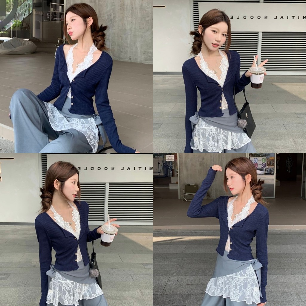 💗Anne💗เสื้อไหมพรม คอวี สองชิ้นใส่ กระดุมหน้า เข้ารูป ครอป💟เสื้อแขนยาว สไตล์ลำลอง ทรงสวย💕#Y6817