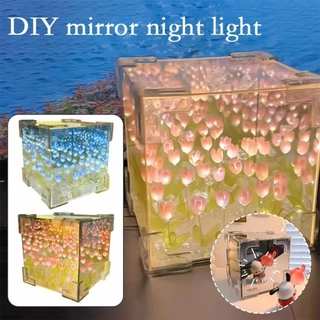 โคมไฟกระจกดอกไม้ทิวลิป LED 20ดวง ตั้งโต๊ะ แฮนด์เมด DIY สําหรับของขวัญวันเกิดแฟนสาว ไฟกลางคืน