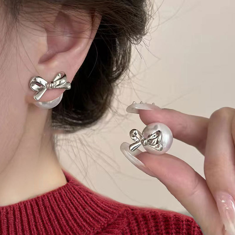 2024 โบว์นึ่งบุญต่างหูมุก925ต่างหูหญิง