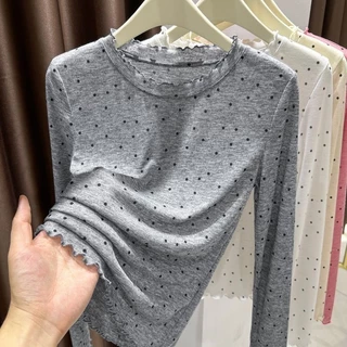 [ส่งไวจากไทย] Fulllove เวอร์ชั่นเกาหลีผู้หญิงสไตล์แขนยาวเสื้อยืดแฟชั่นบางรุ่นรอบคอลายจุดป้องกันแสงแดด