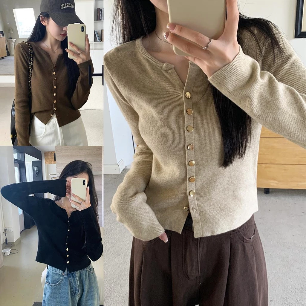 Chili Koko เสื้อคลุมคาร์ดิแกนถักทรงเข้ารูปสไตล์เกาหลี เสื้อเชิ้ตถักแขนยาววินเทจสีแดง 88007