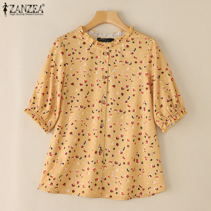 ZANZEA ใส่ ซานเซีย ผู้หญิงเกาหลีหลวมดอกไม้พิมพ์รอบคอตกแต่งปุ่มที่มีขอบเสื้อ — صورة 6